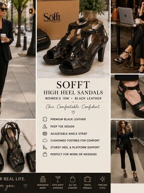 Sofft Shoes 10M Black Leather Strappy Heel Peep Toe Ankle Strap Career Chic Date